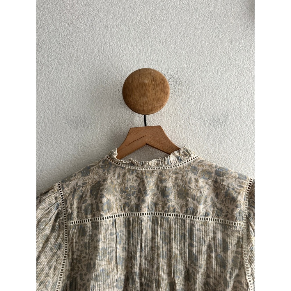 Faherty Organic Cotton Floral Pintuck Button Down Ruffle Neck Shirt Size Small - Picture 4 of 7